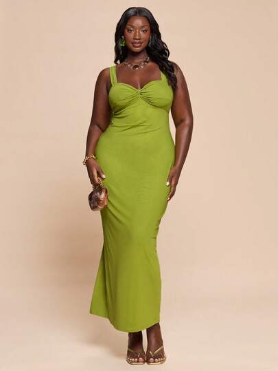SHEIN BAE Plus-Size  Women's  Green New Mesh Elastic Knit Twist Front Camisole Bodycon LongDress, Elegant Casual Chic, Spring/Summer,Summer Outfit For Women,Plus Size,Spring Clothes Women,Festival Outfits For Women,Beach Outfit For Women,Wedding,Graduation,Casual,Vacation/Holiday Outfits For Women,Y2k,Plus Size,Curve,Birthday Party Outfits ,Sexy ,Elegant Dresses For Party,Wedding Party Dress,Graduation Outfit For Mother, Formal Dress For Women,Going Out