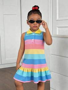 Young Girl Casual Home Fitted Sweet Cute Rainbow Striped Button Front Collared Sleeveless Patchwork Frill Trim A-Line Dress T-Shirt Dress Polo Dress Kids Strip Dress Toddler Rainbow Dress Girl Pastel Spring Dress Toddler Tennis Dress - Multicolor - View 4