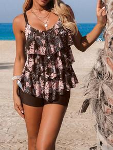 Swim Lushoire 女士印花多层沙滩吊带背心比基尼 - 棕色 - 查看 4