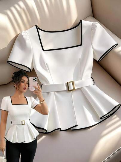 GlowEve Damblus i enfärgad kontrastfärg med svart kant, fransk krage, volang i midjan, metallspänne och kortärmad skärp, mångsidig för dejt, vardag, arbete, semester, vår och sommar, ny ankomst