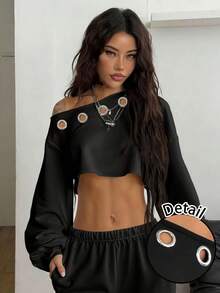 Coolane 休闲街头风铆钉装饰夸张个性化女士露肩短款卫衣，适合健身、舞蹈、秋冬季穿着，宽松圆领长袖加厚卫衣，适合早春穿着 - 黑色 - 查看 6