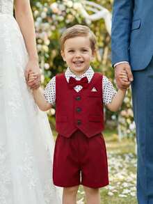 Baby Boy Multicolor Fabric Double Button Vest Shorts Set With Dotted Short Sleeve Shirt And Bow Tie Polka Dot Pattern - Multicolor - View 4