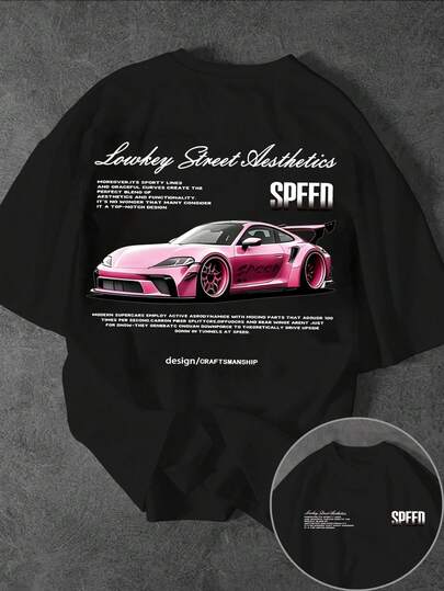 Glimmora Men's Standard Size Slogan & Racing Car Print Round Neck Short Sleeve Casual T-Shirt