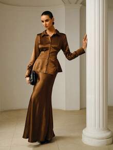 ZEYLAH 2pcs Elegant Fitted Ruched Satin Set, Spring/Summer - Coffee Brown - View 6