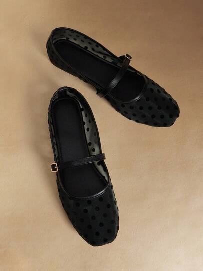 Rosivie Niche Korean Version Of Polka Dot Mesh Yarn Breathable One-Word Buckle With Mary Jane Shoes Women's Ballet Style Round Head Flat-Soled Single Shoes Soft Sole