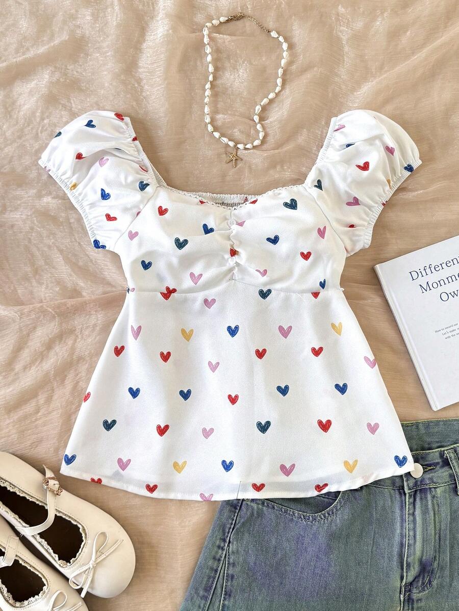 SHEIN Áo kiểu nữ tuổi teen phong cách tối giản, in hình trái tim nhiều màu sắc, hở lưng, tay ngắn, xếp ly, màu trắng, thích hợp cho mùa tựu trường. - trắng - Xem 1