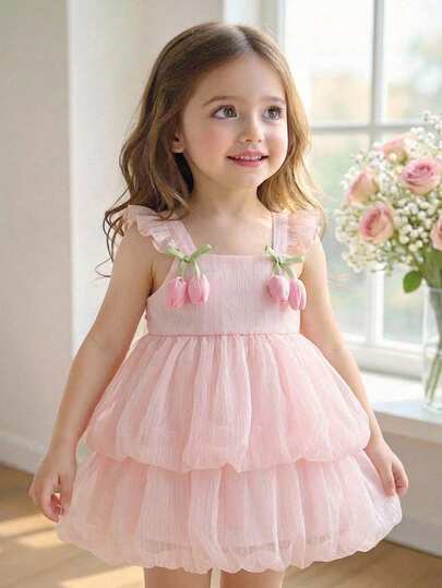 SHEIN This Single-Piece Cute Baby Girl Sleeveless Dress With 3D Flowers Is A Casual, Simple, And Adorable Piece Suitable For Birthday Parties, Evening Parties, Performances, Weddings, Baptisms, School Ceremonies, Everyday Wear, School, Outings, And Autumn/Winter Seasons.