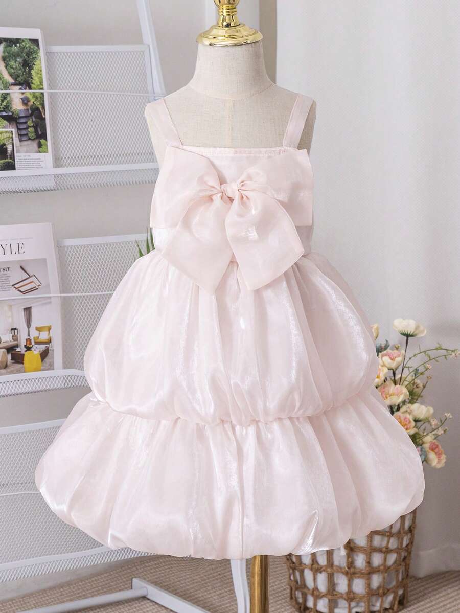SHEIN Đầm thời trang mùa hè màu hồng hoa ly bằng satin, dây mảnh, trang trí nơ. - Hồng - Xem 1