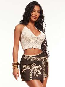 Radiana Women's Summer Bohemian Style Coconut Tree Print Linen Mini Skirt, Asymmetric Tie-Up Skirt, Wrap-Around Skirt, Beach Dress, Suitable For Island Vacation, Beach, Holiday Outings - Multicolor - View 9