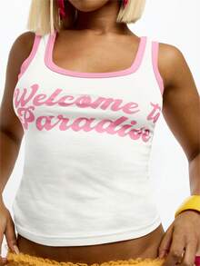 SUMWON WOMEN Áo tank top không tay phối màu tương phản dành cho nữ, in hình "Chào mừng đến thiên đường" - Áo vest mùa hè kiểu dáng thường ngày. - trắng - Xem 6