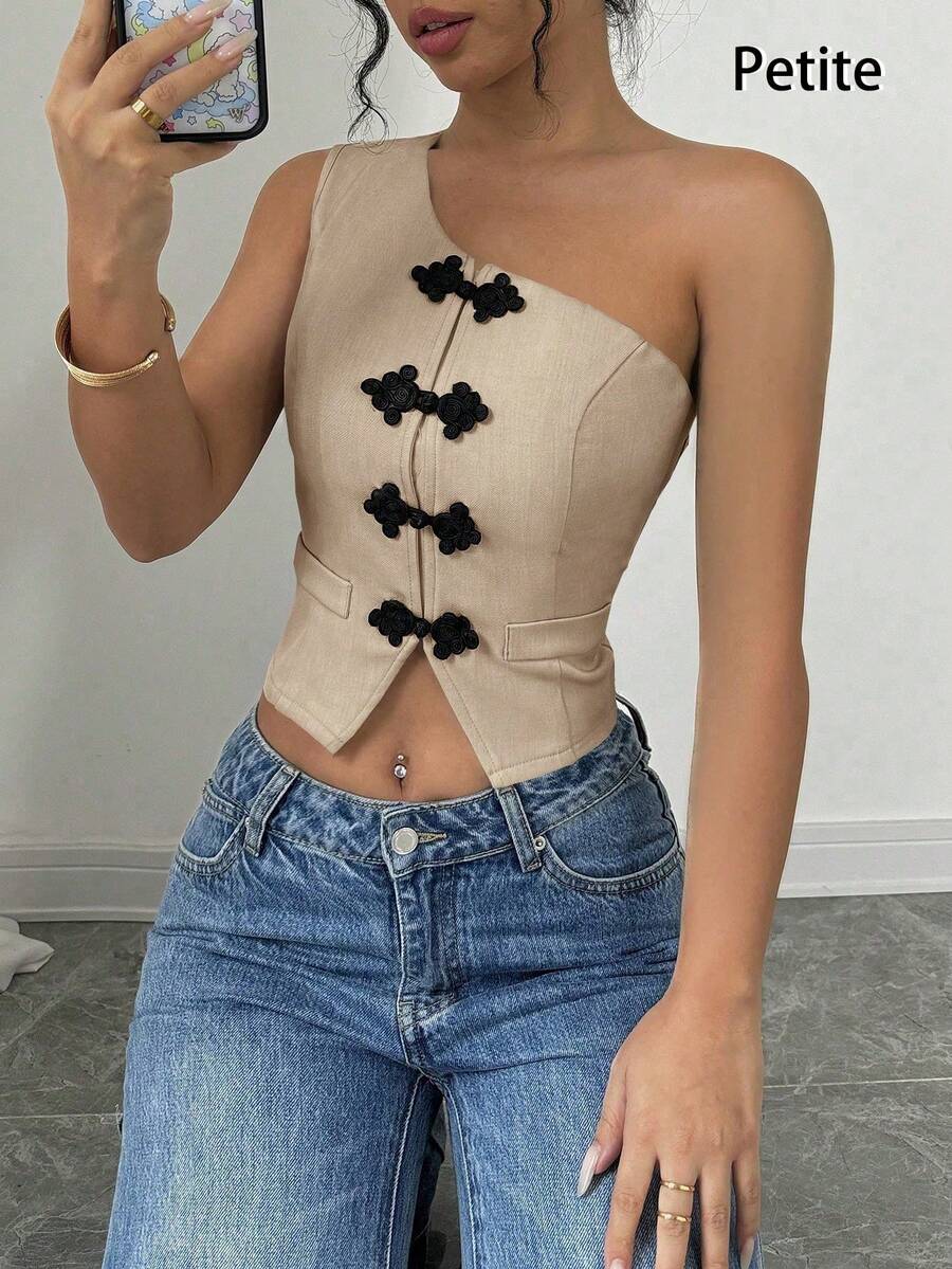 Rafferiza Petite Blusa asimétrica de un solo hombro, primavera/verano, talla pequeña - Caqui - Ver 1