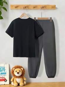 Mirajuku 2件套男童印花黑色短袖T恤+米色工装裤休闲套装，春夏款 - 灰色 - 查看 2