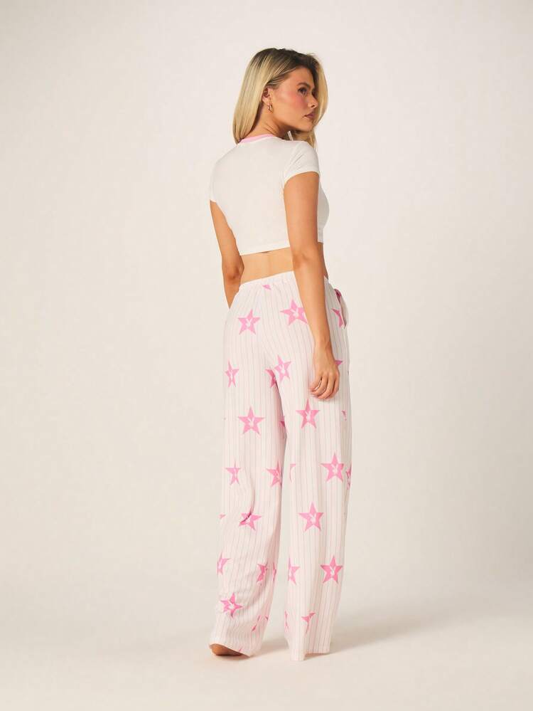 Missguided x Playboy Pink Star Print Ribbed Cami Crop Top And Wide Leg Pajama Pants Set For Sleepwear Loungewear