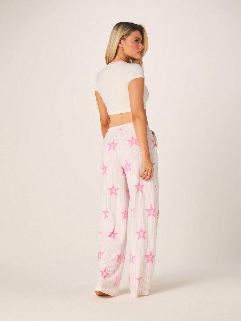 Missguided x Playboy Pink Star Print Ribbed Cami Crop Top And Wide Leg Pajama Pants Set For Sleepwear Loungewear