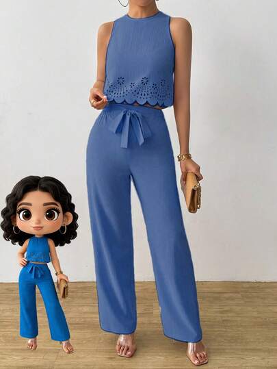 Conjunto casual de 2 piezas para mujer compuesto por camiseta sin mangas de cuello redondo y pantalones rectos de tirantes huecos, elegante para vacaciones