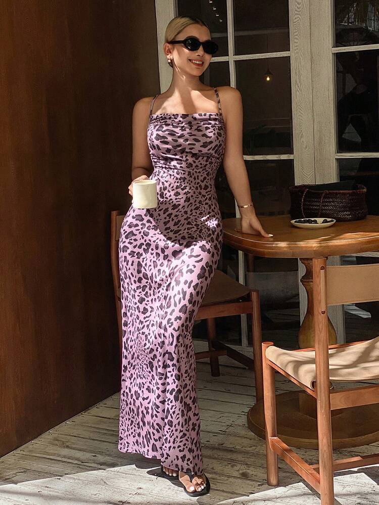 Charming Leopard Print Draped Neck Tie-Back Maxi Slip Dress For Women