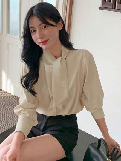 DAZY 女士系带荷叶边修身卡其色优雅衬衫