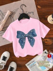 Baby Girls' Casual Fashionable Comfortable Minimalist Cute Bow Graphic Short Sleeve T-Shirt, Summer Tops - Pink - View 3