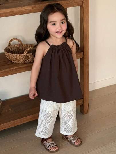 Dazy Kids Infant/Toddler Girls 2 Pieces Set: Sleeveless Dress Shirt + Leggings, Korean Style