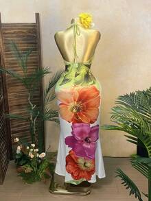 Rovax Women White Floral Deep V Backless Spaghetti Strap Dress,Summer Casual Holiday Vacation Holiday Extra Long Floral Print Fitted Beach Party Wear - Multicolor - View 2