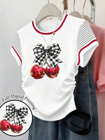 Resyla Women's Waist Cinched Multicolor Stripe Patchwork Short Sleeve Cherry Bow Graphic Print Tee Tops Tshirt
