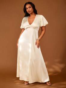 Veslaya 大码新款音乐节、复活节、生日派对、毕业季、学院风、学生装、日常休闲、百搭基础款、休闲、度假、邮轮旅行、海滩、日光浴、爆款、街头风、婚礼宾客波西米亚风、通勤、早午餐、机场、派对、假日郊游、优雅宴会、舞会、休闲、高端优雅白色深V泡泡袖A字长裙,适合新娘穿着,缎面V领中长连衣裙,女士连衣裙,女装 - 杏色 - 查看 4