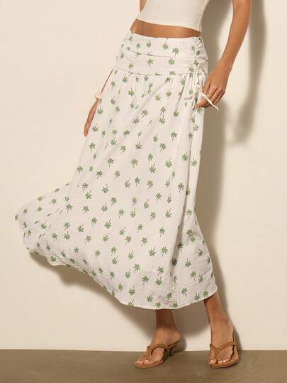 COSMINA Women's Vacation Palm Tree Pattern Side Drawstring Casual Skirt