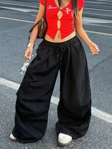 Coolane Pantalones largos de mujer de tela tejida negros con cintura con cordón - Negro - Ver 2