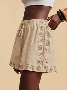 Travachic 女士系带腰带休闲海洋印花度假短裤 - 杏色 - 查看 3