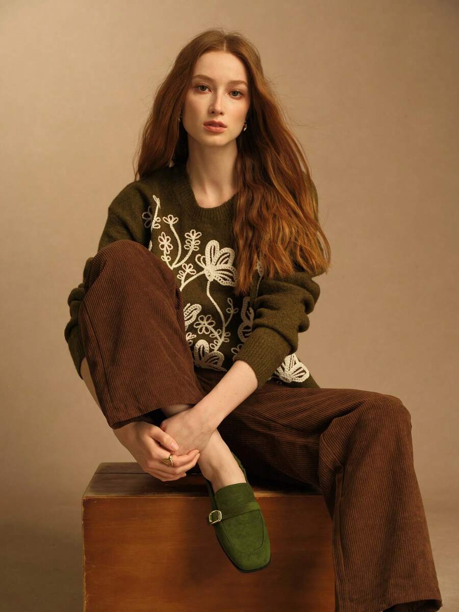 Rosivie Sepatu Kasual Wanita Model Inggris dengan Ujung Persegi dan Sol Datar - Dark Green - View 1