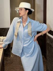 DAZY Women's Casual Solid Color Shirt And A-Line Skirt 2-Piece Set, Spring/Summer - Baby Blue - View 3