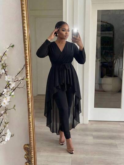 SHEIN Lady CURVE Plus Size Women Solid Color Long Sleeve High Low Hem Fashion Blouse