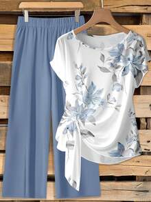 EMERY ROSE Women's Tie Bow Blouse And Loose Straight Leg Pants 2 Pieces Set,Casual - Multicolor - View 1