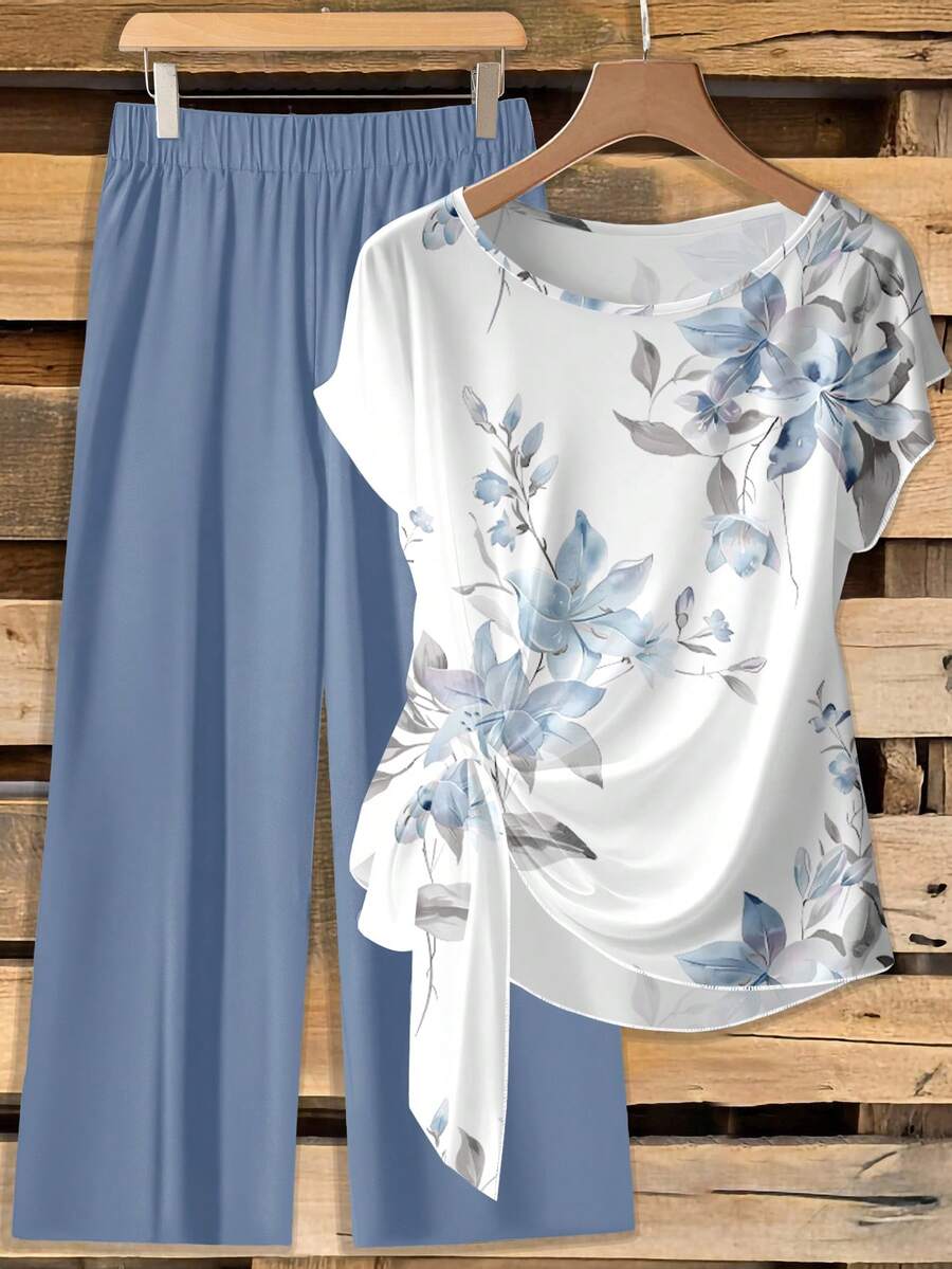 EMERY ROSE Women's Tie Bow Blouse And Loose Straight Leg Pants 2 Pieces Set,Casual - Multicolor - View 1