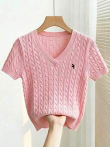 Franclia European And American Spring/Summer New V-Neck Embroidered Textured Rib Knit Design Casual Women Sweater Top - Pink - View 1