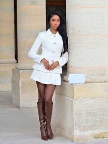Mima John Conjunto de traje de mujer de unicolor con botones delanteros, versátil y de moda - Blanco - Ver 5