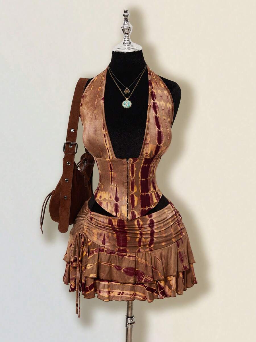 SHEIN ICON 两件套女士扎染嬉皮风露脐抹胸上衣和超低腰迷你裙套装 - 棕色 - 查看 1