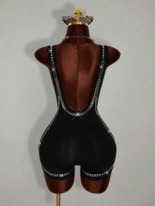 Amplova Sexy Low-Cut Rhinestone Cutout Jumpsuit, Tight-Fitting Shiny Sequin Jumpsuit - Black - View 9