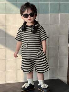 DAZY Baby Boy Round Neck Short Sleeve Casual T-Shirt And Shorts Set Summer Toddler - Black - View 5