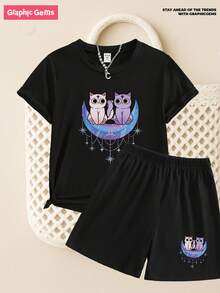 SHEIN GraphicGems 两件套休闲可爱双子座星座猫咪图案印花圆领短袖T恤和短裤，舒适的夏秋款式，适合女孩日常穿着 - 黑色 - 查看 3