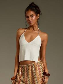 Athîral Women's Casual Vacation Halter Sleeveless Backless Sexy Knit Blouse, Spring/Summer - White - View 4