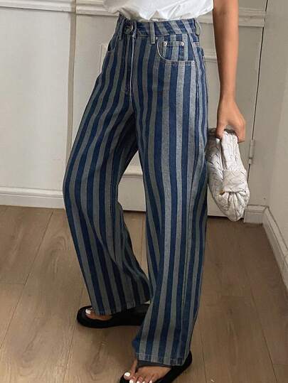 DAZY Jeans rectos de pierna casual con lavado y rayas para mujer