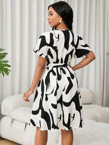 Lunelith SHEIN Lunessa Women's Ruffle Sleeve Allover Print V-Neck Tie Waist A-Line Short Sleeve Dress - Multicolor - View 2