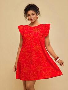 Travachic Plus Size Women's Red Abstract Line Print Dress, Round Neck Abstract Sun Pattern Loose Short Dress - Red - View 7