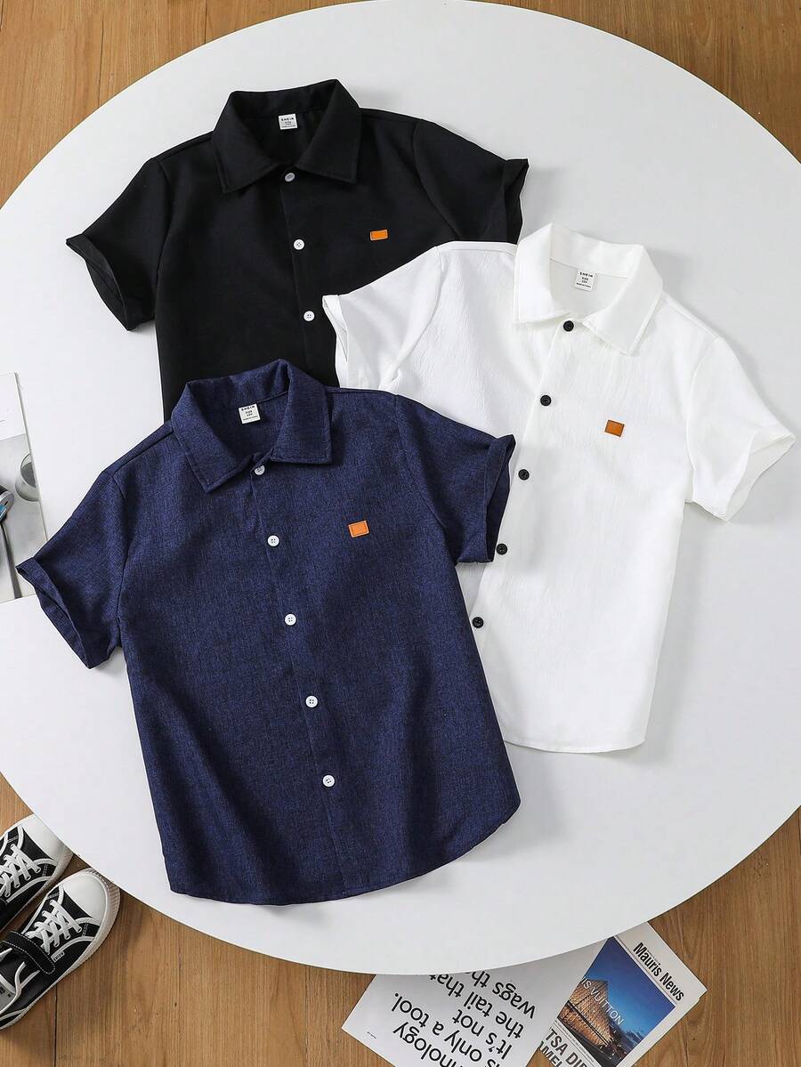 3件套青少年男童宽松休闲百搭立领刺绣梭织短袖衬衫套装,适合上学、聚会、派对、郊游等场合。 - 黑色 - 查看 1