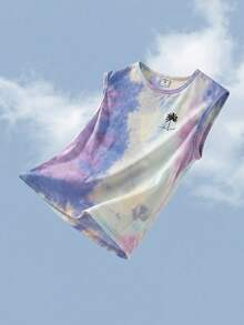 SHEIN Áo tank top cổ tròn họa tiết cây dừa nhuộm màu tie-dye dành cho bé trai tuổi teen, thích hợp mặc đi làm, đi học, mặc thường ngày, chơi thể thao, mùa xuân/hè, đi nghỉ mát. - Màu tím hoa cà - Xem 3