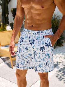 Manfinity Swimmode 男士休闲热带印花抽绳腰斜插口袋宽松沙滩短裤，夏季 - 藍色 - 查看 1