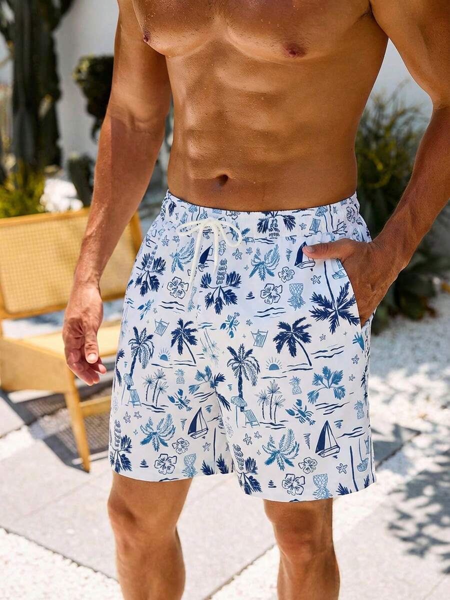 Manfinity Swimmode 男士休闲热带印花抽绳腰斜插口袋宽松沙滩短裤，夏季 - 藍色 - 查看 1