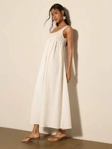 COSMINA Vestido sin mangas con decoración de lentejuelas, estilo casual para vacaciones. Vestido de cuello en U, adecuado para la playa, uso diario, citas, escapadas de fin de semana. Vestido blanco con diseño especial de patchwork. - Blanco - Ver 5