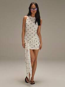 Athîral Women's Casual Vacation Sleeveless Off-Shoulder Polka Dot Mesh Mini Dress, Spring/Summer - Apricot - View 3